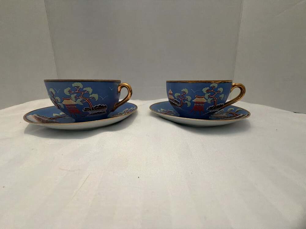 Hinode Cup & Saucer Set Blue Japanese Pagoda Moriage
